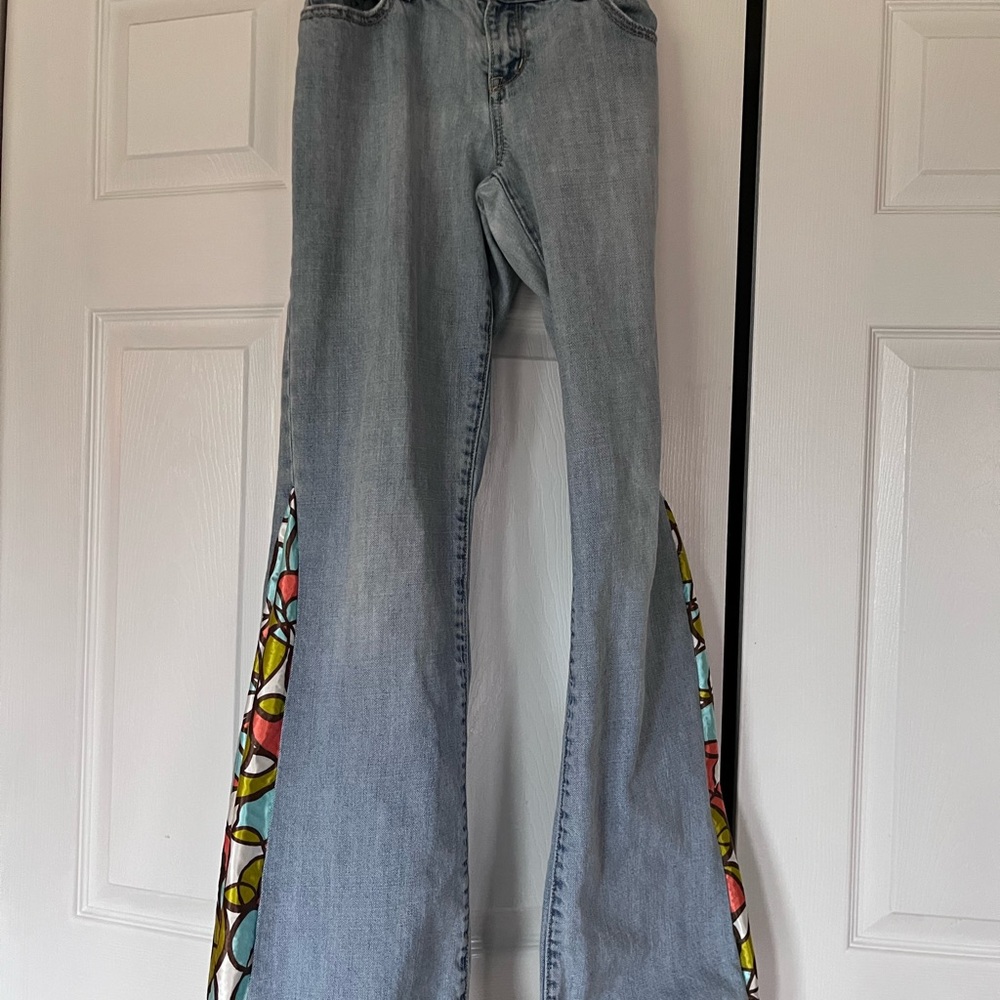 X2 Light Blue Flare Jeans with Multicolor Pattern
